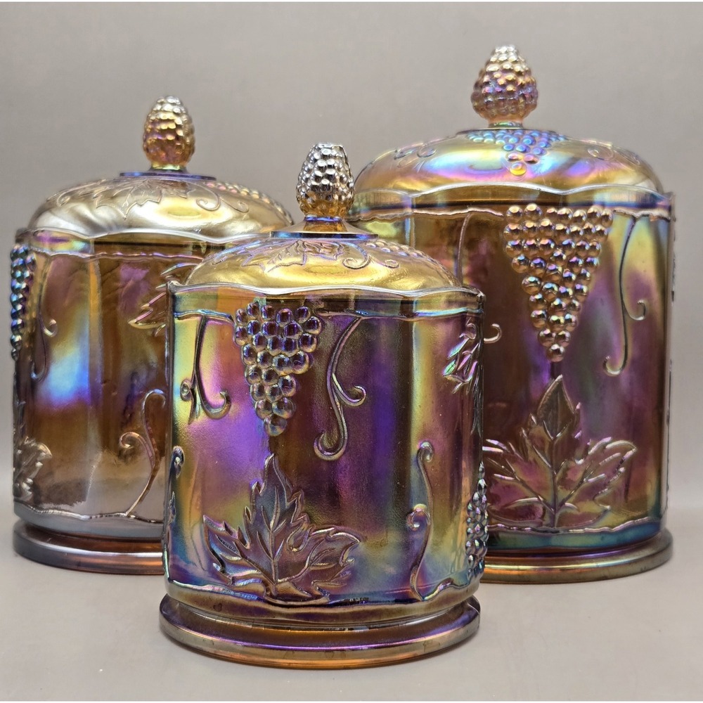Vintage Carnival Glass Marigold Harvest Grape Canisters B#33